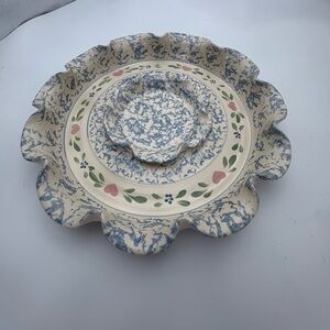 Vintage Floral Scalloped Pottery  Chip and Dip Platter with Hearts